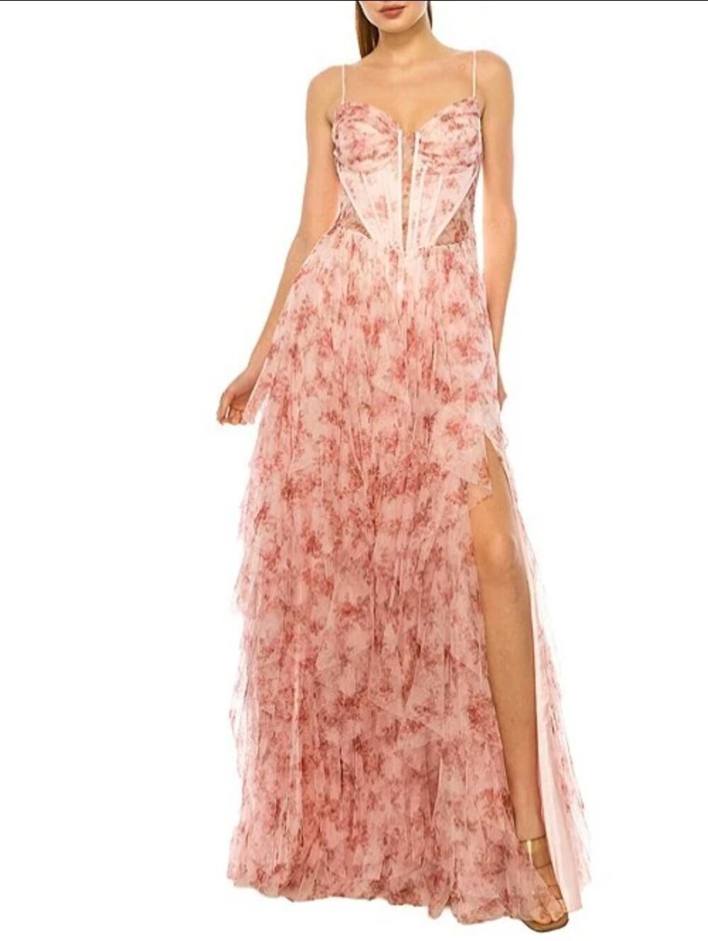 B. Darlin Floral Printed Mesh Sweetheart Neck Corseted Ruffle Long Dress Size 0